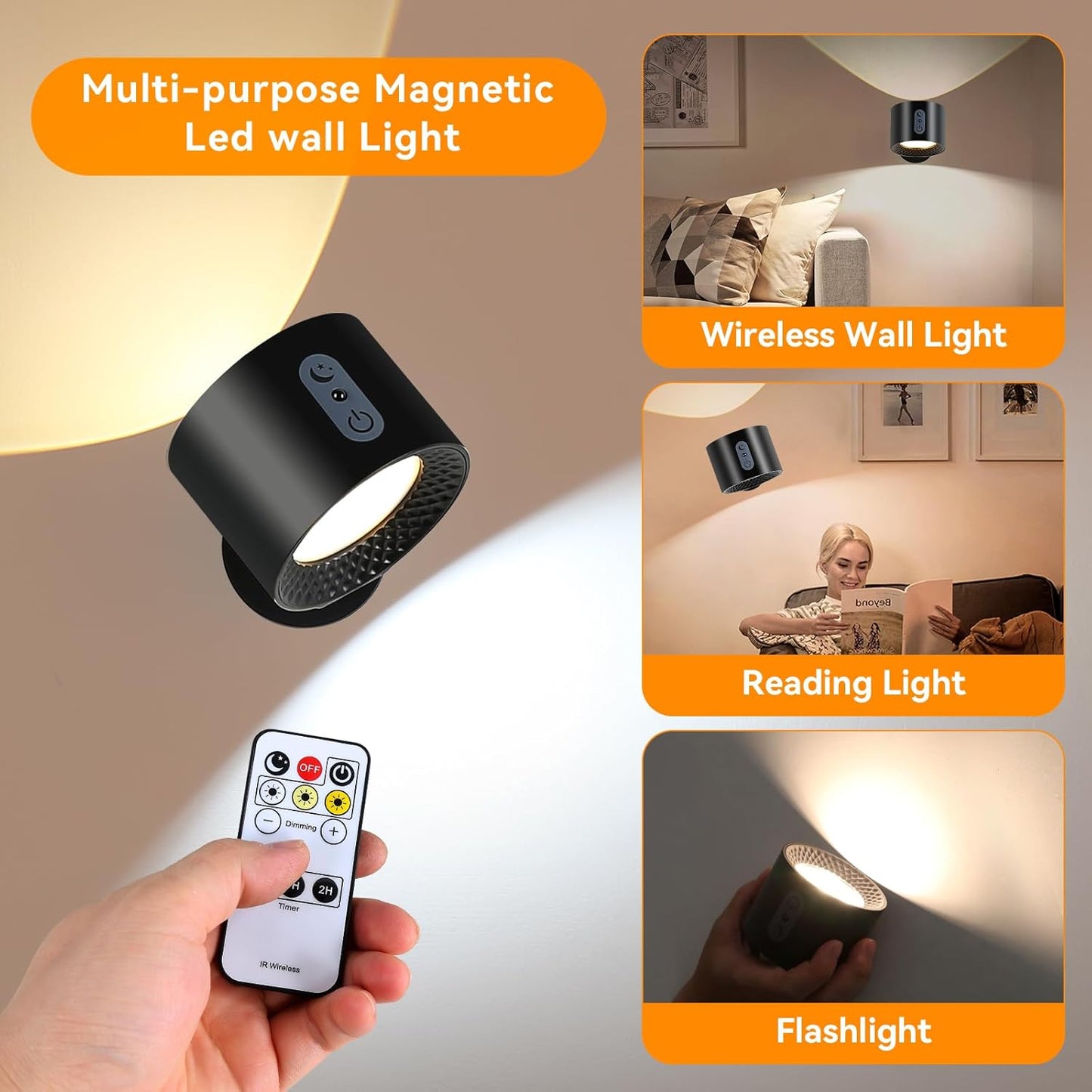 LED Wall Sconce 2pack,Double Side Light Battery Operated Wall lamp,Wall Mounted Lamp 3 Color Temperatures 3 Brightness Levels,360° Rotating Night Light for Bedroom (Black)