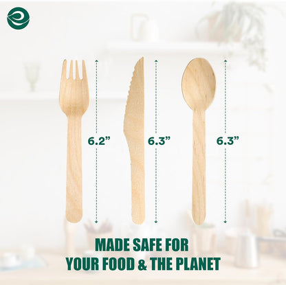 ECO SOUL 100% Compostable Cutlery [700-Pack] Disposable Wooden Cutlery Set I 100% Natural, Sturdy, Eco-friendly, Utensils Set I Biodegradable (300 Fork,200 Spoon, 200 Knife)