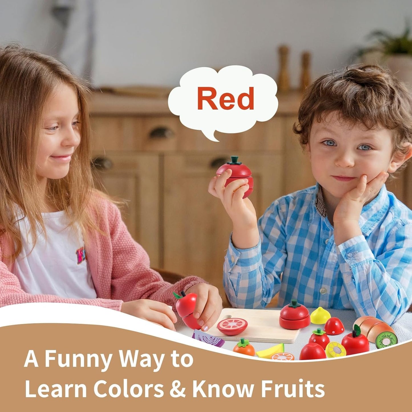 WHOHOLL Wooden Play Food for Kids Kitchen Playset, Play Kitchen Accessories Pretend Cutting Food Montessori Toys for 2+ Year Old with Basket, Toy Food Fruits Vegetables Gift for Fine Motor Skills