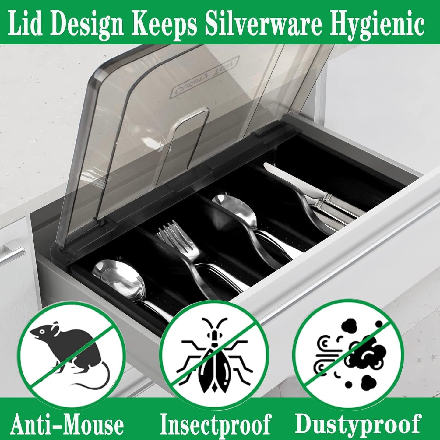 Gikecor Cutlery Organizer with Lid, Silverware Utensil Organizer for Kitchen Countertop, 5 Compartments Flatware Tray Drawer Organizer for Silverware