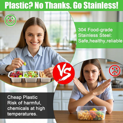 Abekuta Stainless Steel Snack Containers, Reusable Condiment Box with Lids, 3 Compartment Sauce Cups, Divided Food Storage Containers for School, Home, Travel