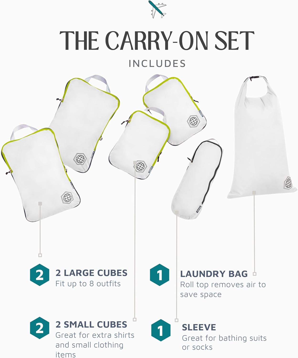 Compression Packing Cubes for Travel - Luggage and Backpack Organizer Packaging Cubes for Clothes (White and Green, 6 Piece Set), White/Green, 6Piece
