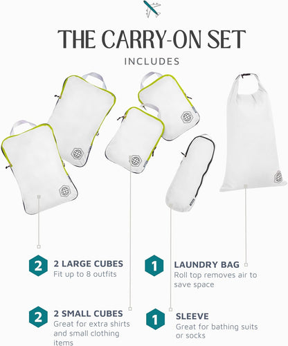 Compression Packing Cubes for Travel - Luggage and Backpack Organizer Packaging Cubes for Clothes (White and Green, 6 Piece Set), White/Green, 6Piece