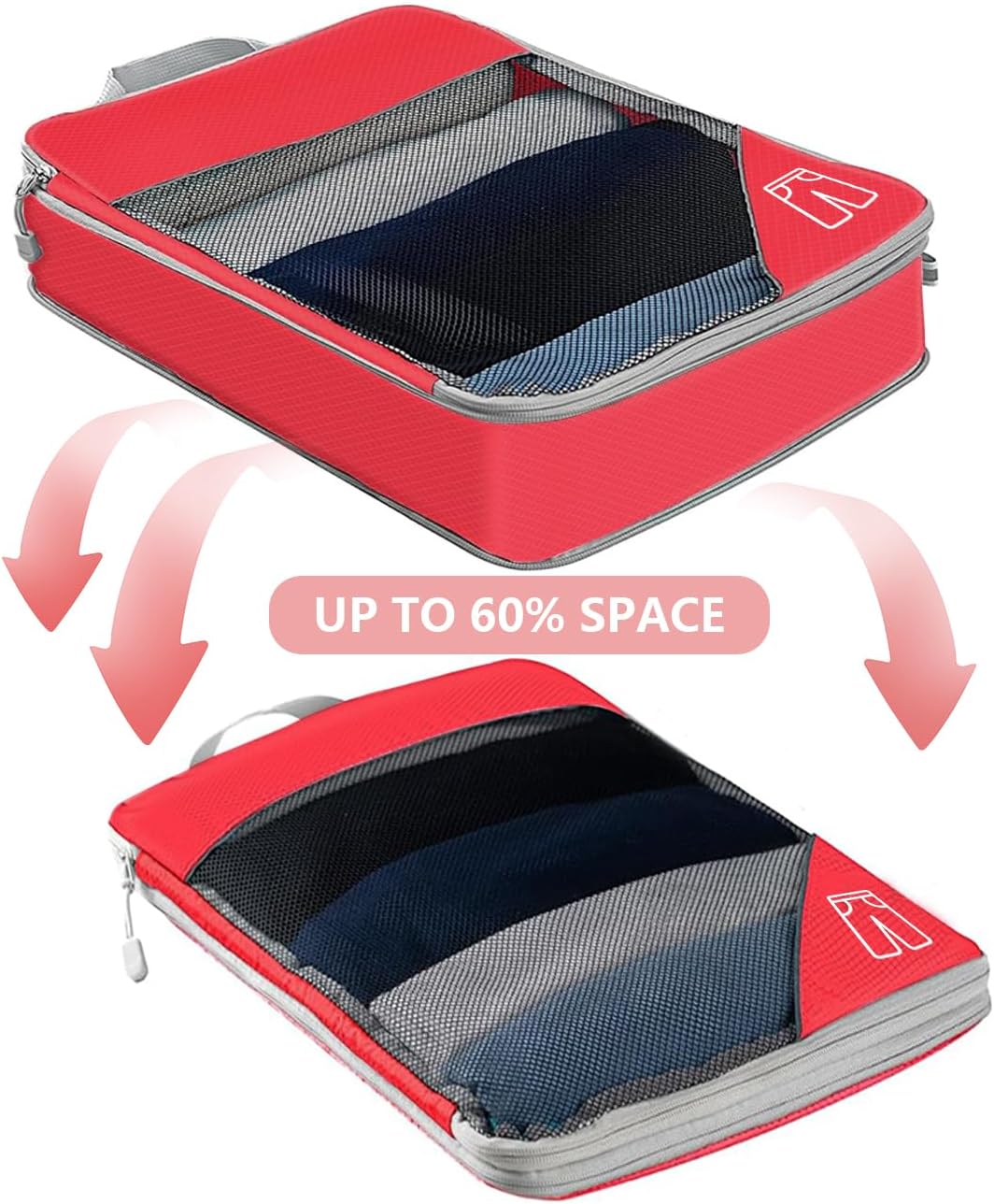 Rantuia Compression Packing Cubes, 6pcs Set, Water Proof Nylon Material, Breathable, 70% Compression, Compression Packing Cubes for Travel, Lightweight compression Packing Cubes Kit.(Red)