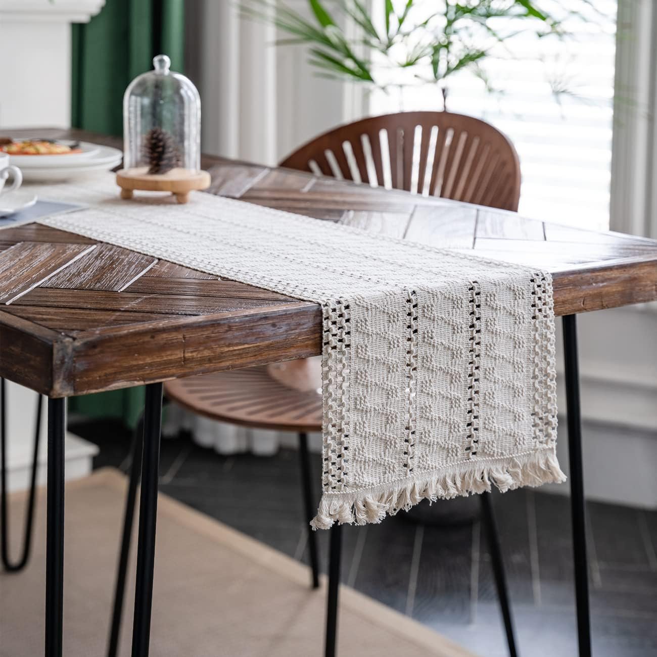Alynsehom Macrame Table Runner Cream Beige Boho Table Runners with Tassels Hand Woven Cotton Table Runner Rustic Farmhouse Table Runners for Bohemian Kitchen Dining Table(12x95in)