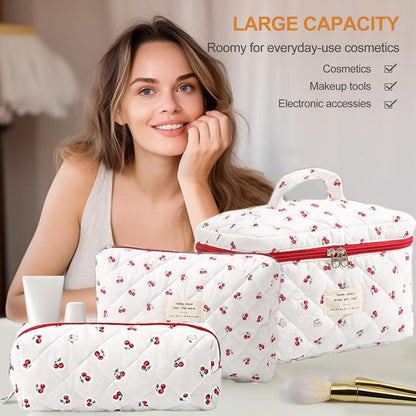 TOPALL Women's Travel Beauty Case, Large Cosmetic Bag for Travel, Make-Up Bag for Women, Updated Cotton Leather, Toiletry Makeup Bag Organizer, 2-Red Cherry (Large+Medium+Pouch)