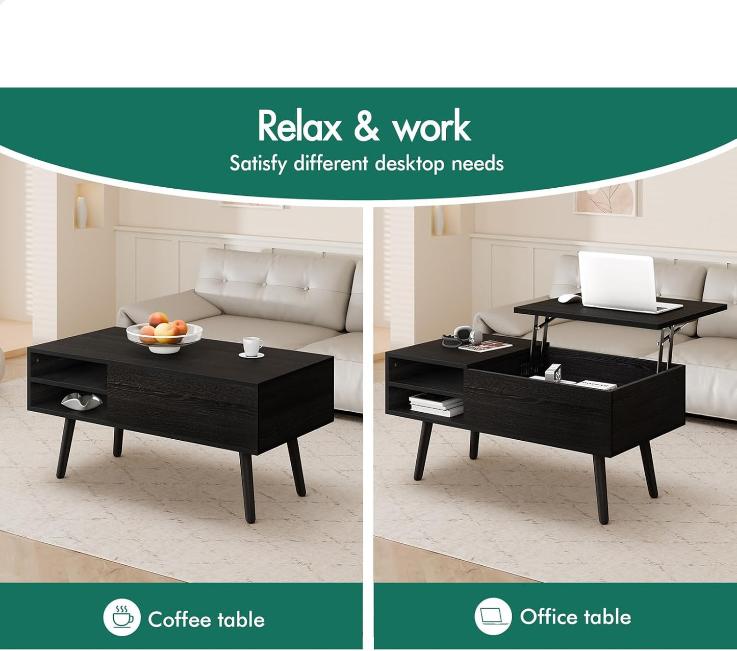 ALFORDSON Lift Tabletop Coffee Table Center Table Black Color, Living Room Office Reception Dining Table with Rising Top, Hidden Storage and Side Open Shelves