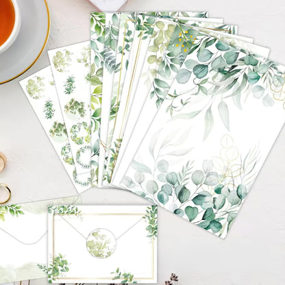 RAORAOYUE 160 Pcs Eucalyptus Stationery Paper Set, 50 Stationary Paper 50 Envelopes 60 Round Dot Sticker