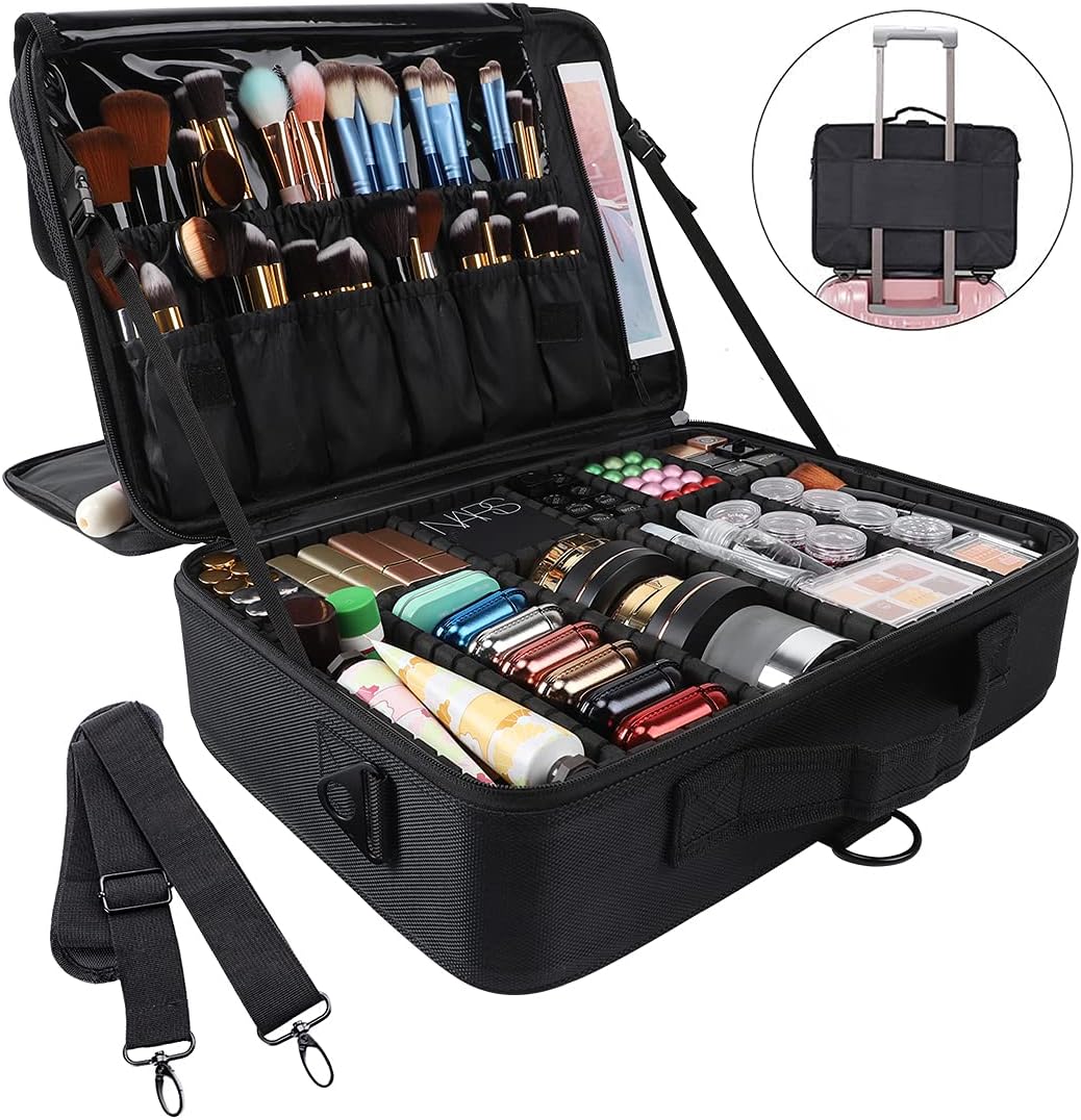 GZCZ 3 Layers Large Capacity Travel Professional Makeup Train Case Cosmetic Brush Organizer Portable Artist Storage bag 16.5 inches with Adjustable Dividers and shoulder strap for Make up Accessories