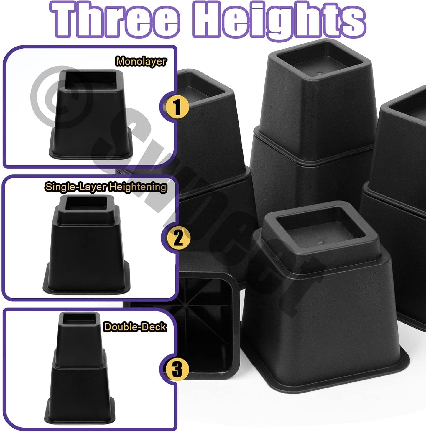Swpeet 8Pcs Adjustable Bed Risers, Black Stackable Bed Frame Risers, 4 Large and 4 Small Bed Height Risers, Elevation in Heights 3, 5 or 8 Inch, Heavy-Duty Furniture Riser for Table, Couch and Chair