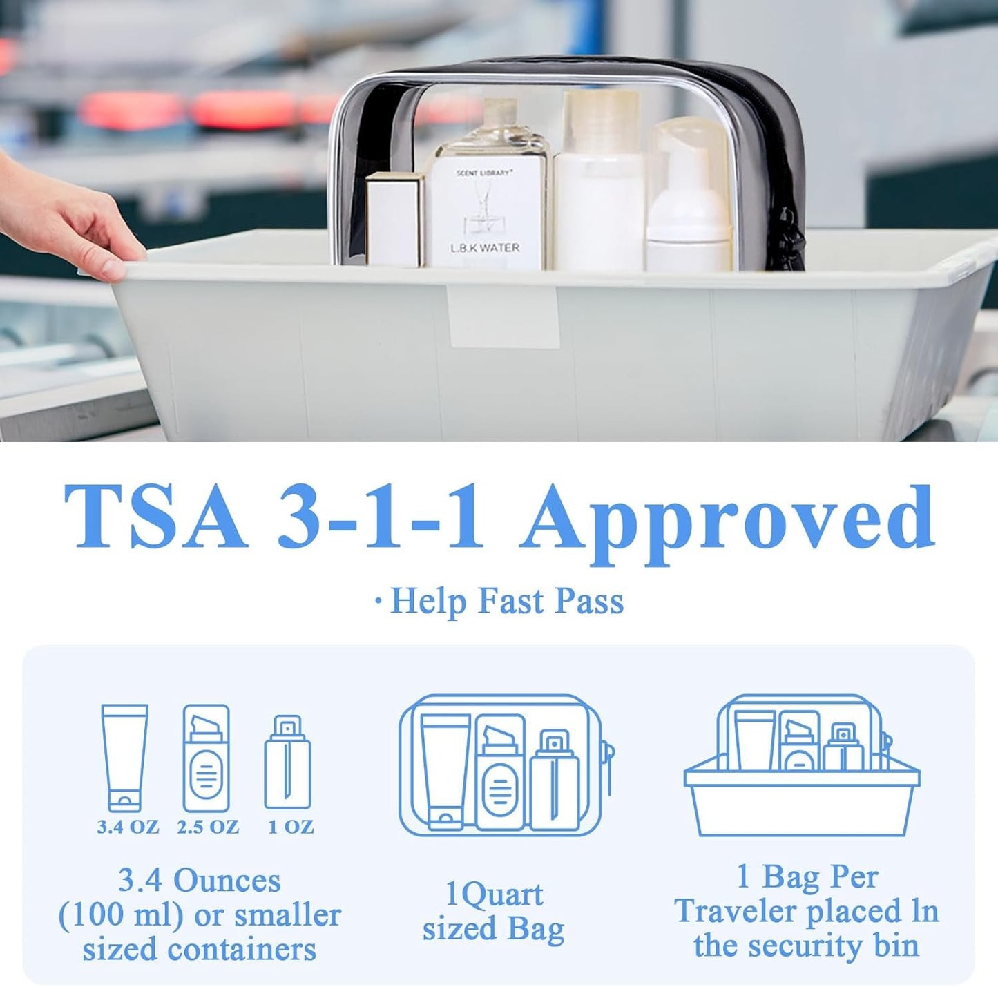 Clear Makeup Bag, Clear Travel Toiletry Bag, TSA Approved Liquids Bag Travel Toiletries Bag, Cosmetic Pouch Quart Size Organizer Bag for Women Men Airport Airline (Black+Black)