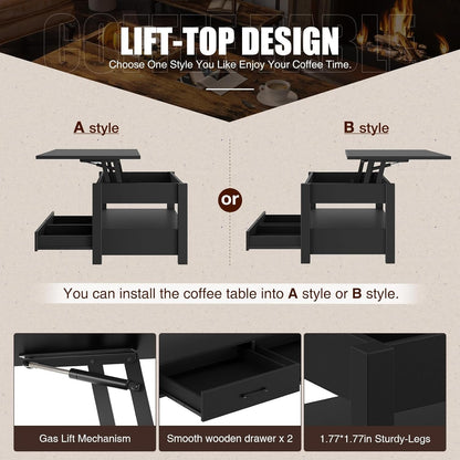 Rolanstar Coffee Table, 47" Lift Top Coffee Table with Drawers and Hidden Compartment, Retro Central Table with Wooden Lift Tabletop, for Living Room,Black