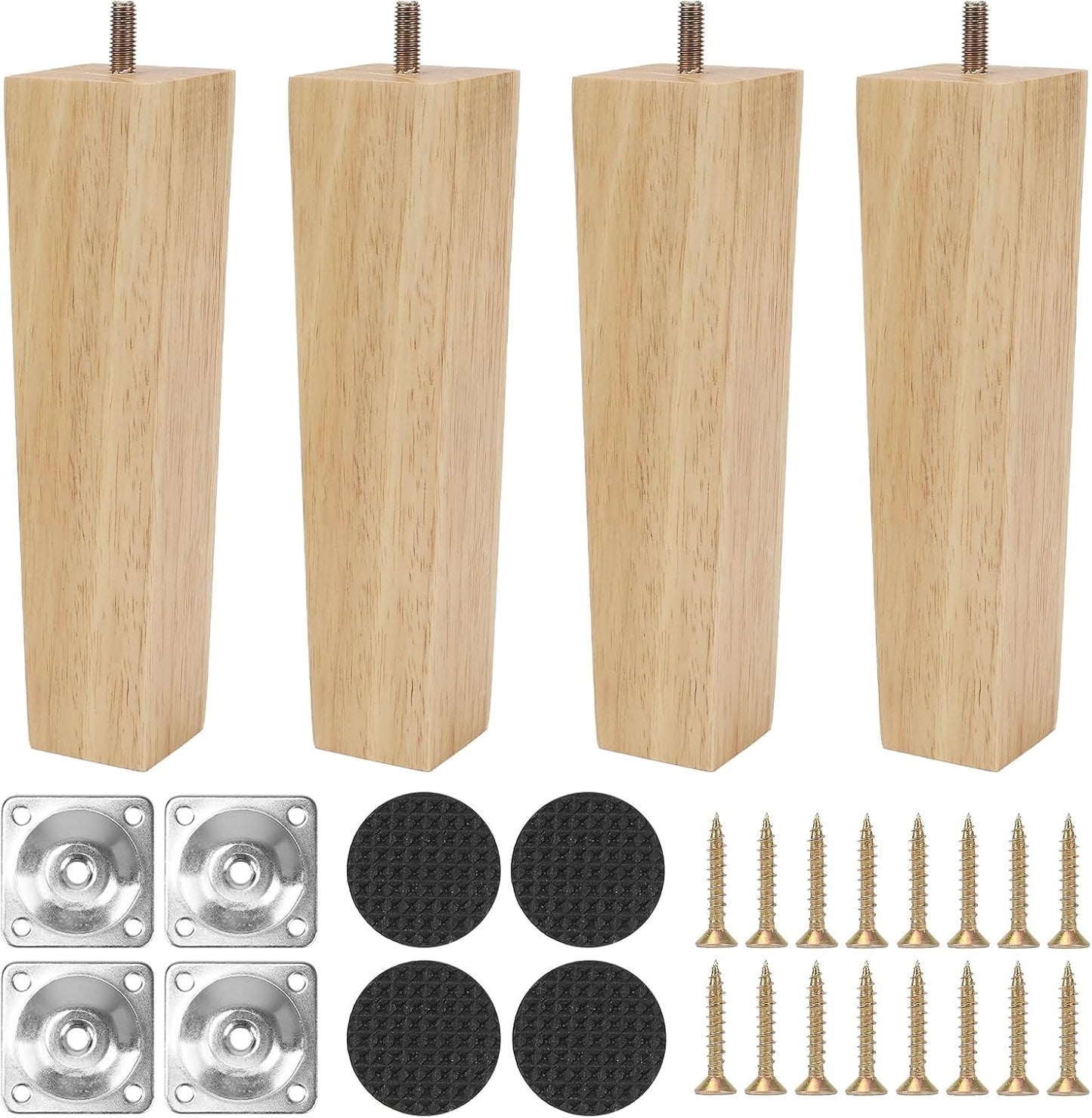 Luabue 4 Pieces Wooden Furniture Feet 20 cm Square Wooden Legs for Cabinet Sofa Bed Table with Mounting Plate, Non-Slip Pad and Screws