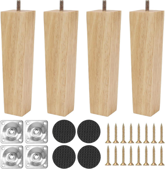 Luabue 4 Pieces Wooden Furniture Feet 20 cm Square Wooden Legs for Cabinet Sofa Bed Table with Mounting Plate, Non-Slip Pad and Screws