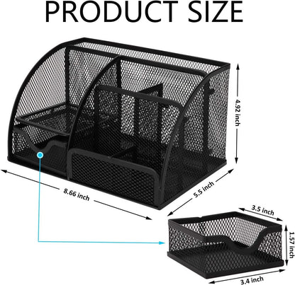 Gonice Black Mesh Desk Organizer, Multi-functional Pen Holder With 6 Compartments and 1 Drawer for Office Supplies and Desk Accessories, Desktop Organizer for Home,Office and School