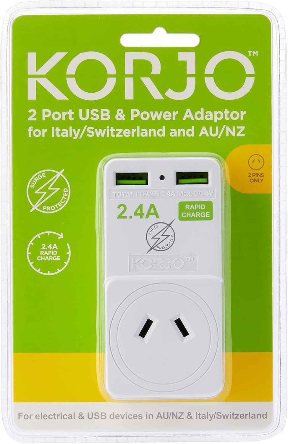 Korjo EU USB Power Adaptor, 2X USB Sockets, 1x AUS/NZ Socket, for Europe