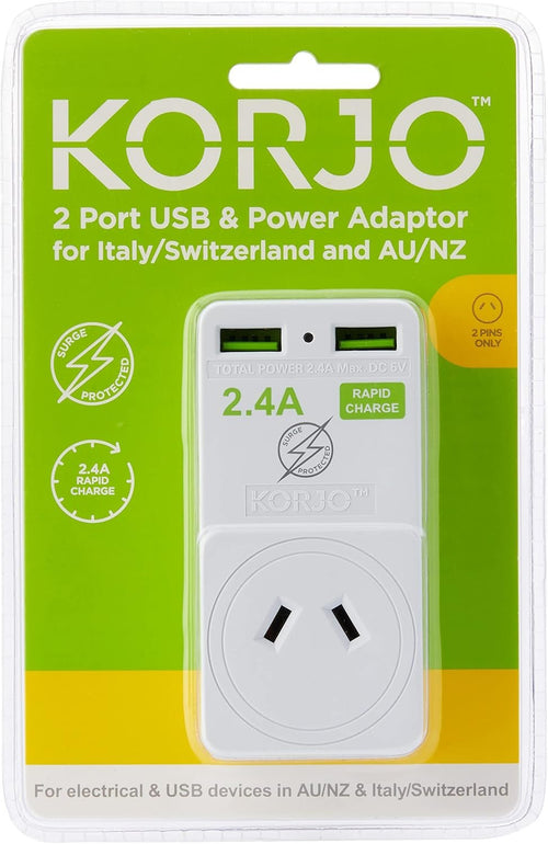 Korjo EU USB Power Adaptor, 2X USB Sockets, 1x AUS/NZ Socket, for Europe