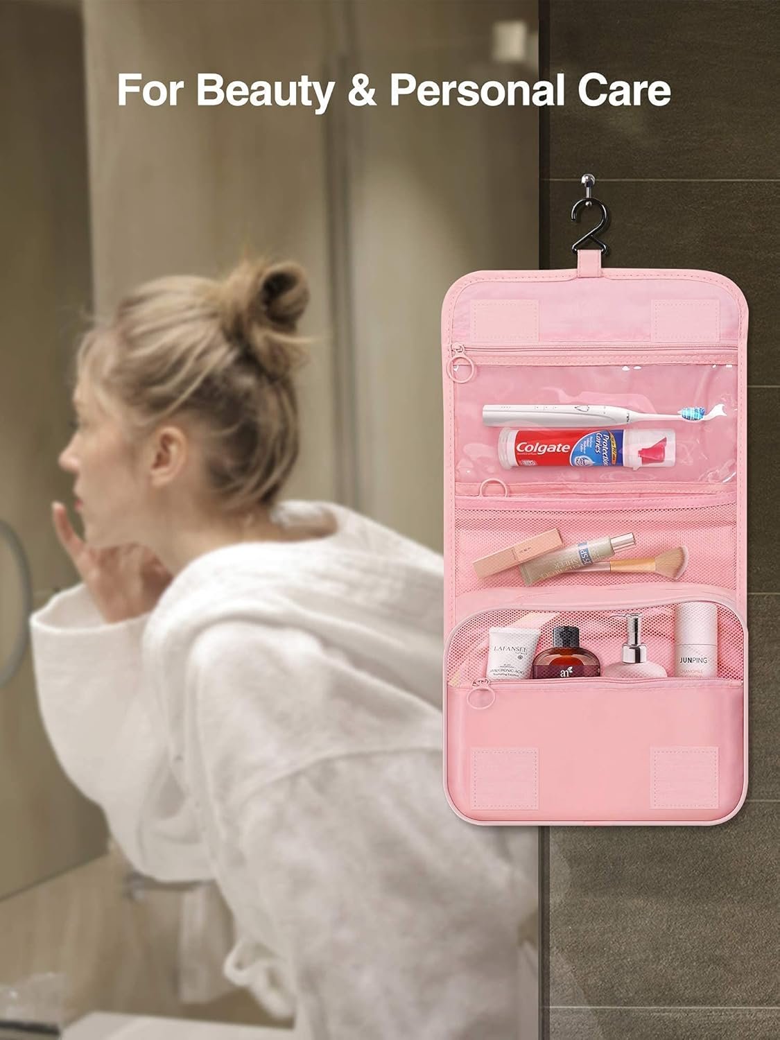Luxtude Travel Toiletry Bag with Hanging Hook, Makeup Cosmetic Bag Travel Organizer for Hygiene Accessories, Shampoo, Full Sized Container, Toiletries, 4 Refillable Travel Bottles are included (Pink)