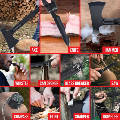 POLE9 Survival Axe 11-in-1 Multitool Axe - Outdoor Axe with 11 Functions of Camping Axe, Flint, Knife, Whetstone, Saw, Hammer and Many More - Optimal Survival Tool