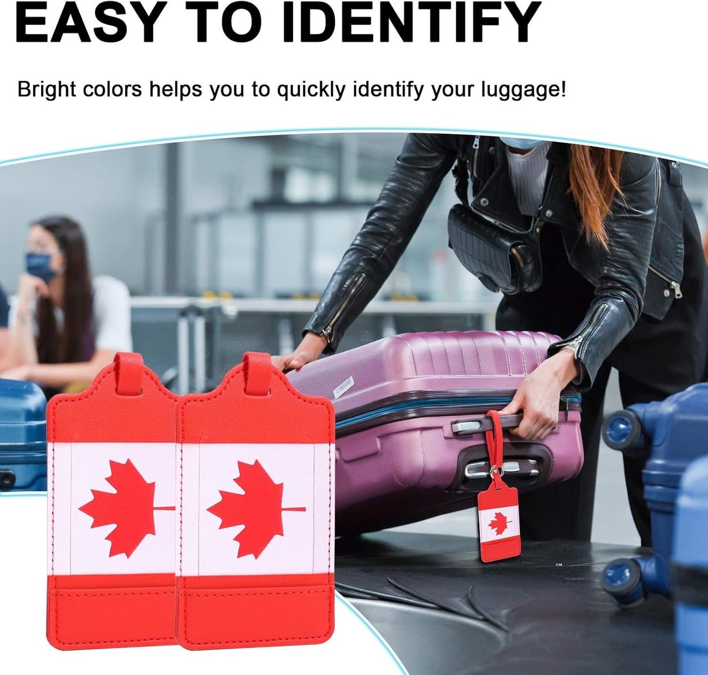 4 Pack Canadian Flag Luggage Tags, Anyos PU Leather Travel Bag Labels Suitcase Baggage Tags with Name ID Card Privacy Protection(Red)