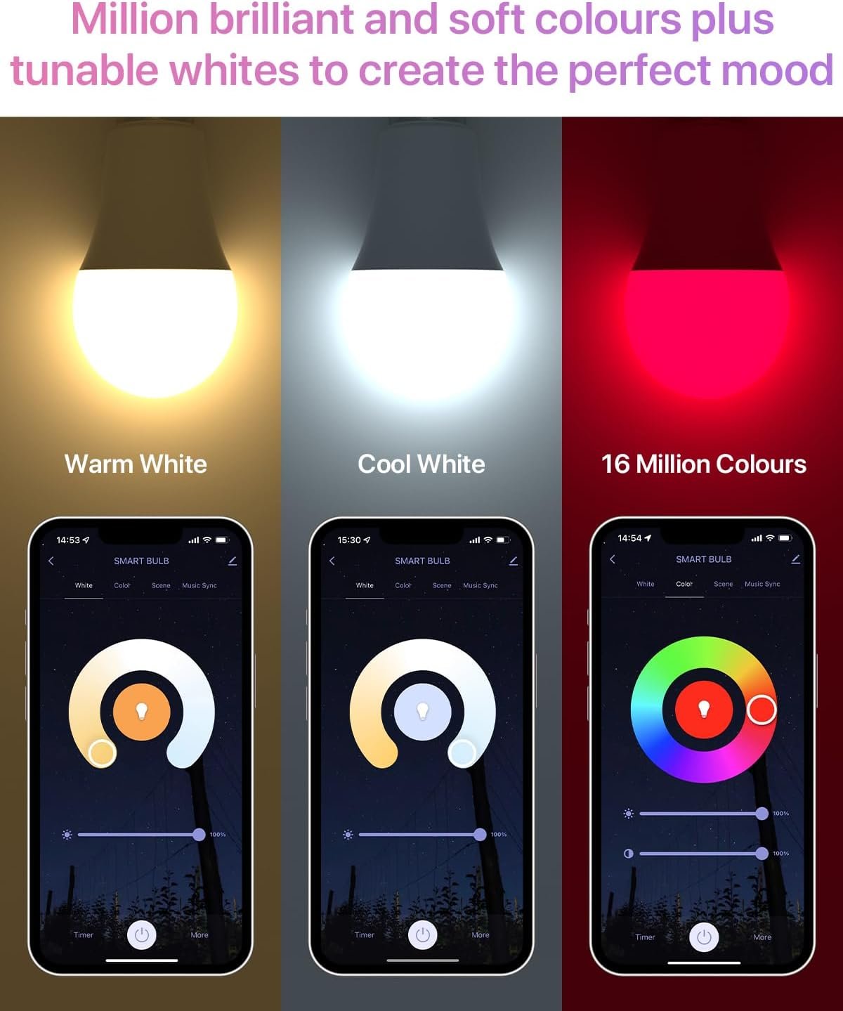 LUTW Smart Light Bulb, E27 Screw LED Bulb Colour Changing, Compatible with Alexa, Google Home, 9W 900lm RGBCW 2700K-6500K Bluetooth &WiFi 2.4GHz, Pack of 2 (No Hub Required)