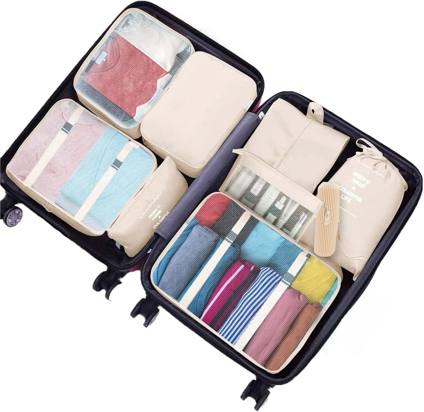 Jsdoin Suitcase Packing Cubes, 9 Pieces Travel Organizer for Backpack, Waterproof Travel Essential Bag, Travel Accessories (Beige)
