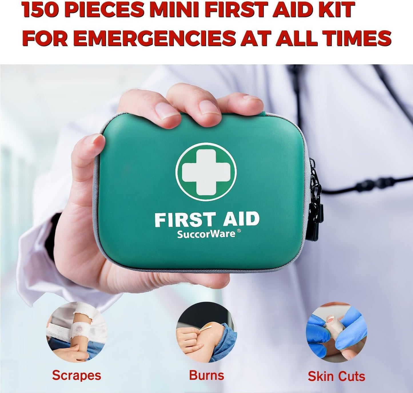 SuccorWare 150 Pieces Mini First Aid Kit - Small Medical Kit with Hard Shell - Emergency First Aid Kit for Car, Travel, Home, Outdoor, Office, Camping, Hiking (Green)