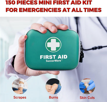 SuccorWare 150 Pieces Mini First Aid Kit - Small Medical Kit with Hard Shell - Emergency First Aid Kit for Car, Travel, Home, Outdoor, Office, Camping, Hiking (Green)