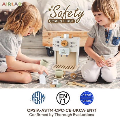 Airlab Toy Coffee Maker for Kids Wooden Kitchen Accessories Pretend Play Toddler Coffee Playset for Girls Boys Ages 3 4 5 Years Birthday Gifts