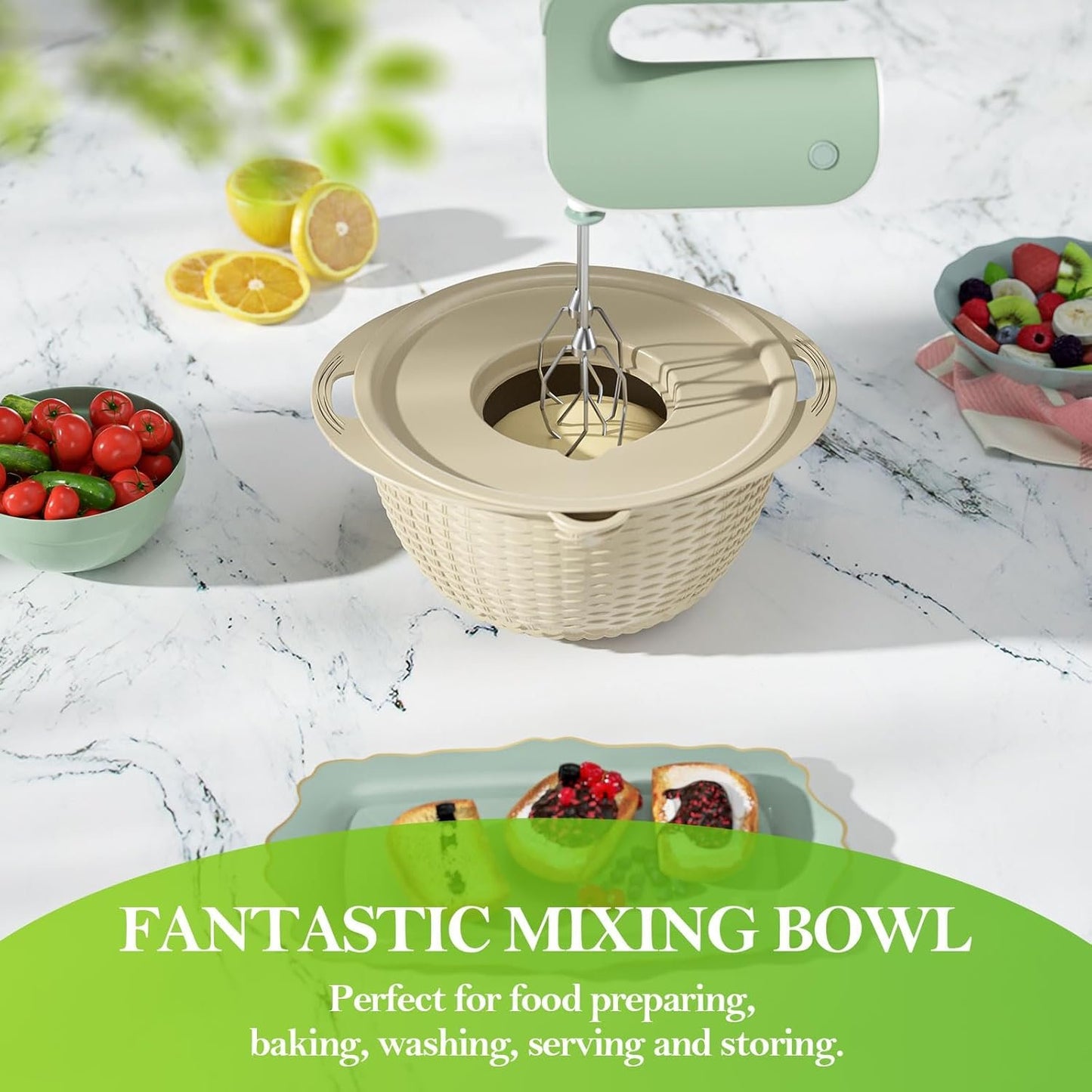 4-1 Colander with Bowl Set - Rotatable Strainers for Kitchen, Food Strainers and Colanders, Funny Presents for Women, Fruit Cleaner, Veggie Wash, Aesthetic Kitchen Gadget Essentials - Beige