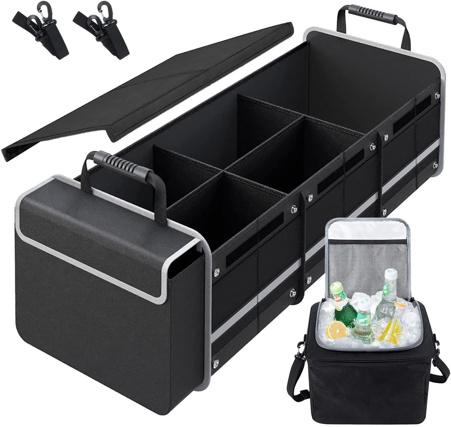 Versatile Car Trunk Organiser with Insulated Cooler Bag - Waterproof, Foldable Cover, Adjustable Straps - Ideal Car Accessories and Boot Organiser (Black, 4-in-1 w/Cooler)