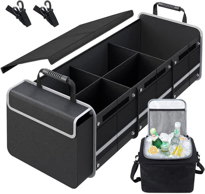 Versatile Car Trunk Organiser with Insulated Cooler Bag - Waterproof, Foldable Cover, Adjustable Straps - Ideal Car Accessories and Boot Organiser (Black, 4-in-1 w/Cooler)