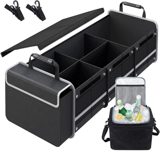 Versatile Car Trunk Organiser with Insulated Cooler Bag - Waterproof, Foldable Cover, Adjustable Straps - Ideal Car Accessories and Boot Organiser (Black, 4-in-1 w/Cooler)
