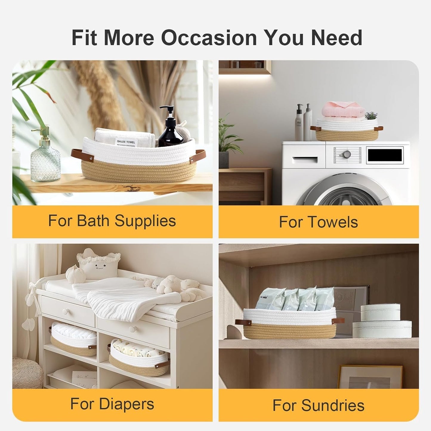 DIMJ Woven Rope Baskets Cotton - 4 Pack Toilet Paper Basket Small Nursery Storage Basket Set With Handles, Rectangle Cute Baskets for Gifts for Home Decor Organization Baby, Nursery,White and Brown