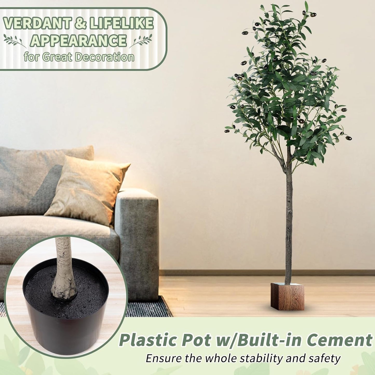 Artificial Olive Tree 6FT/180cm Tall Faux Silk Plant Large Fake Olive Potted Tree with Natural Wood Trunk and Lifelike Fruit for Home Office Decor Indoor with Plastic Planter