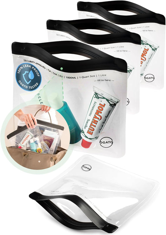 Ogato 3pcs - TSA Approved Toiletry Bag - Our Quart Size Clear Toiletry Bags are Security Approved Worldwide for Liquids & Cosmetics 3-1-1 Compliant Clear Travel Bags for Toiletries, Black, Air Tight