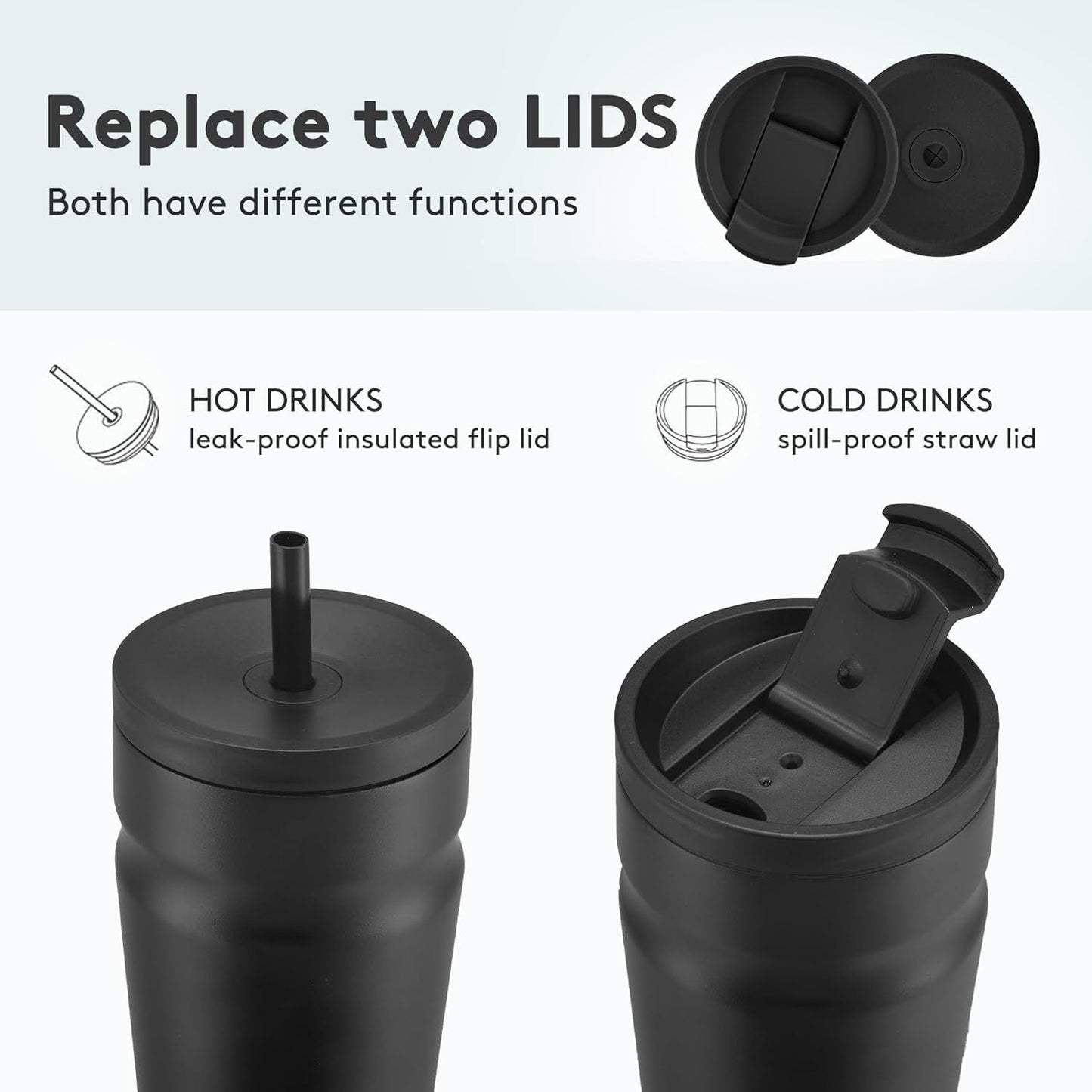 COKTIK 16oz Insulated Tumbler with Lid and Straw 2 Lids (Straw/Flip) Iced Coffee Cup Reusable Stainless Steel Travel Mug Water Bottle Cupholder Friendly for Women Men Her Him (Black)
