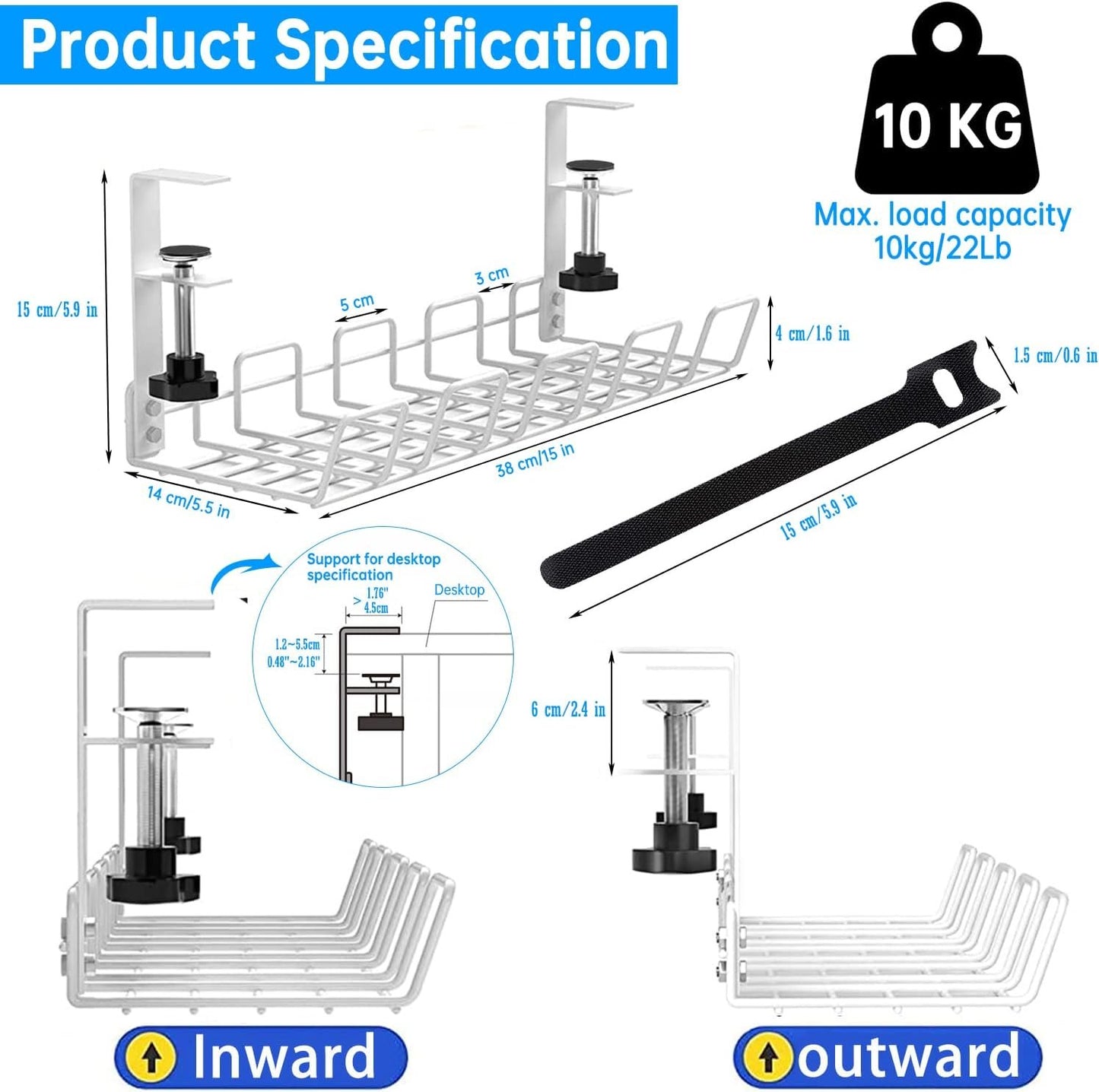 Under Desk Cable Management Tray, No-Drill Under Desk Cable Organizer for Wire Management Desk Cable Rack with 20 PCS Reusable Cable Ties Metal Under Desk Cord Organizer for Office and Home (White)