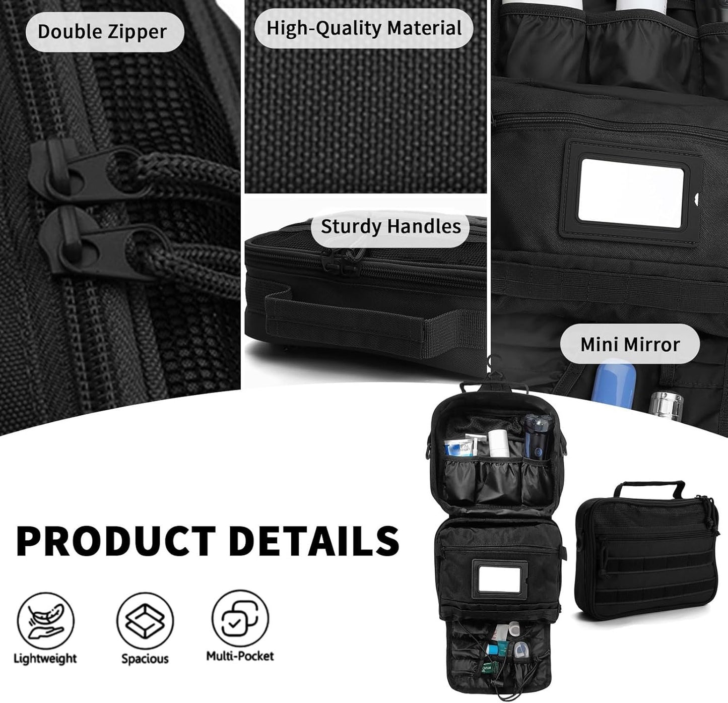 SMONT Mens Toiletry Travel Bag With Double Side full Open Design Travel Toiletry Organizer Dopp Kit Shaving Hygiene Bag Bathroom Hanging Toiletry Bag for Short Trips Tactical Toiletry Bag, Black