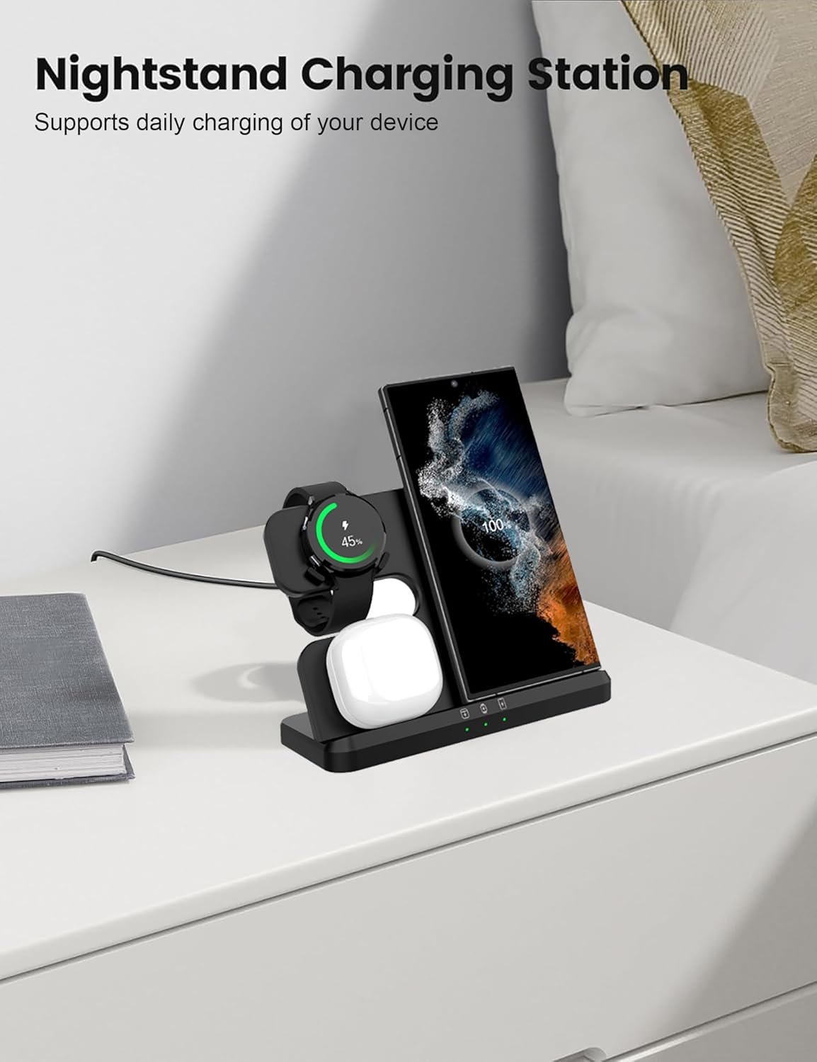 FDGAO 3 in 1 Wireless Charger, 15W Fast Wireless Charging Station Stand for Samsung Galaxy S24/S23/S22/S21/S20/S10,Note 20/10, Galaxy Buds Pro/Live, Galaxy Watch7/6/5 Pro/5/4/3/Active 2, Black