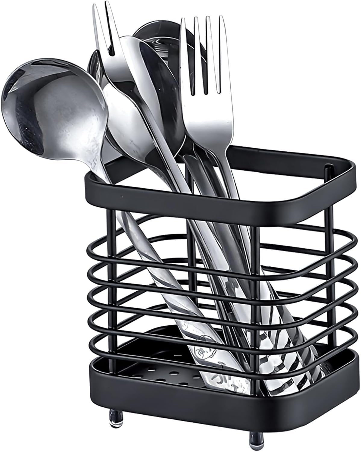 LAIPART Kitchen Sink Utensil Holder of Drying Rack, Small Stainless Steel Cutlery Drainer Caddy,Spoon and fork organizer (Black)