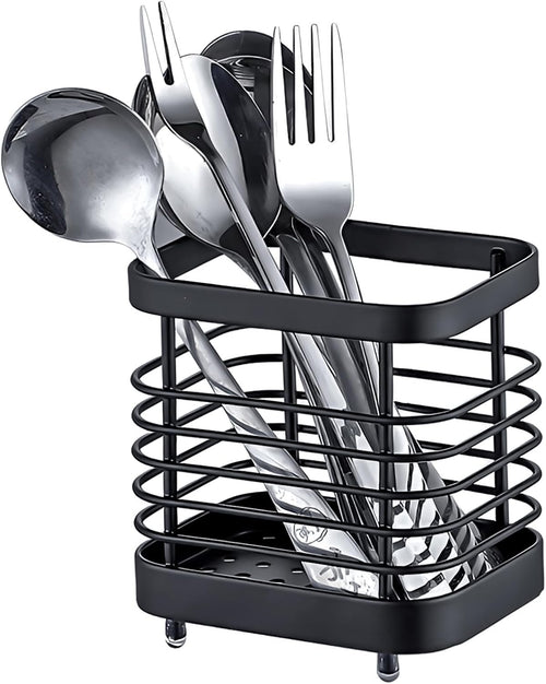 LAIPART Kitchen Sink Utensil Holder of Drying Rack, Small Stainless Steel Cutlery Drainer Caddy,Spoon and fork organizer (Black)