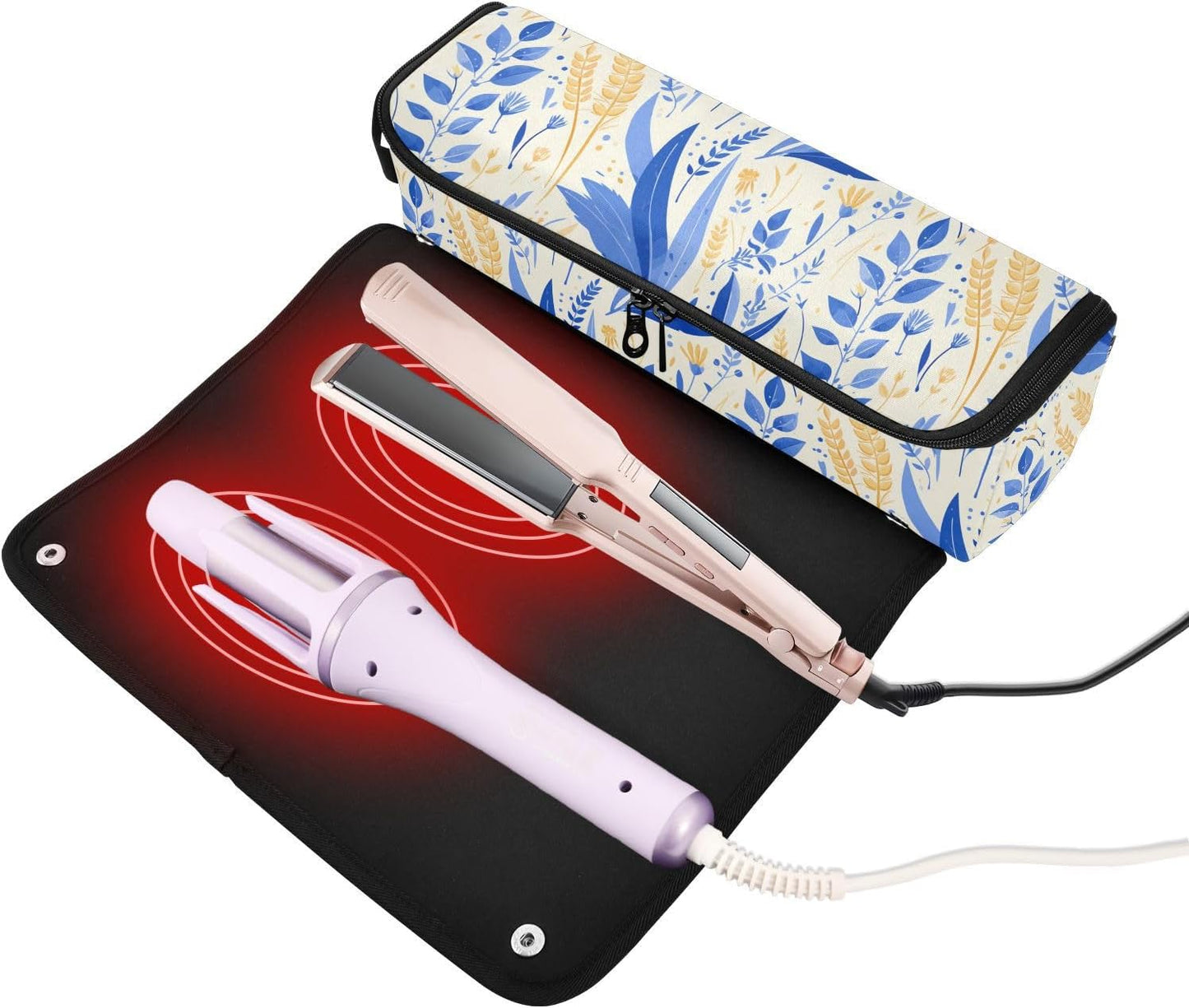 Borsa da viaggio per strumenti per capelli caldi blu cielo profondo e tappetino resistente al calore, organizer impermeabile per ferro arricciacapelli piatto e accessori per la cura dei capelli da