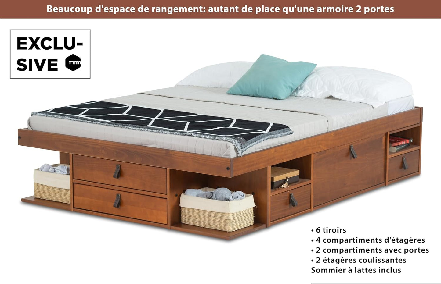 Bali Double Drawer Bed (160 x 200 cm) Caramel – Plenty of Storage Space and Drawers, Ideal for Small Rooms – Bed with Solid Wood Storage Box – Price Includes Slatted Base