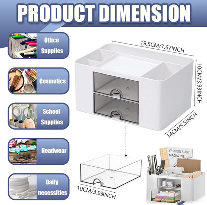 Desk Organizer with 2 Drawers, Plastic Pen Holder for Desktop Storage, Cute Desk Accessories Organizer for School, Home, Office Supplies (White)