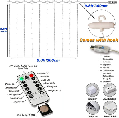 2025 New Fairy Curtain Lights for Bedroom 300 LED, Jezoll Christmas String Lights USB Plug in 8 Modes Wall Hanging Twinkle with Remote Control for Wedding Party Backdrop Decor Warm White (9.8x9.8FT)