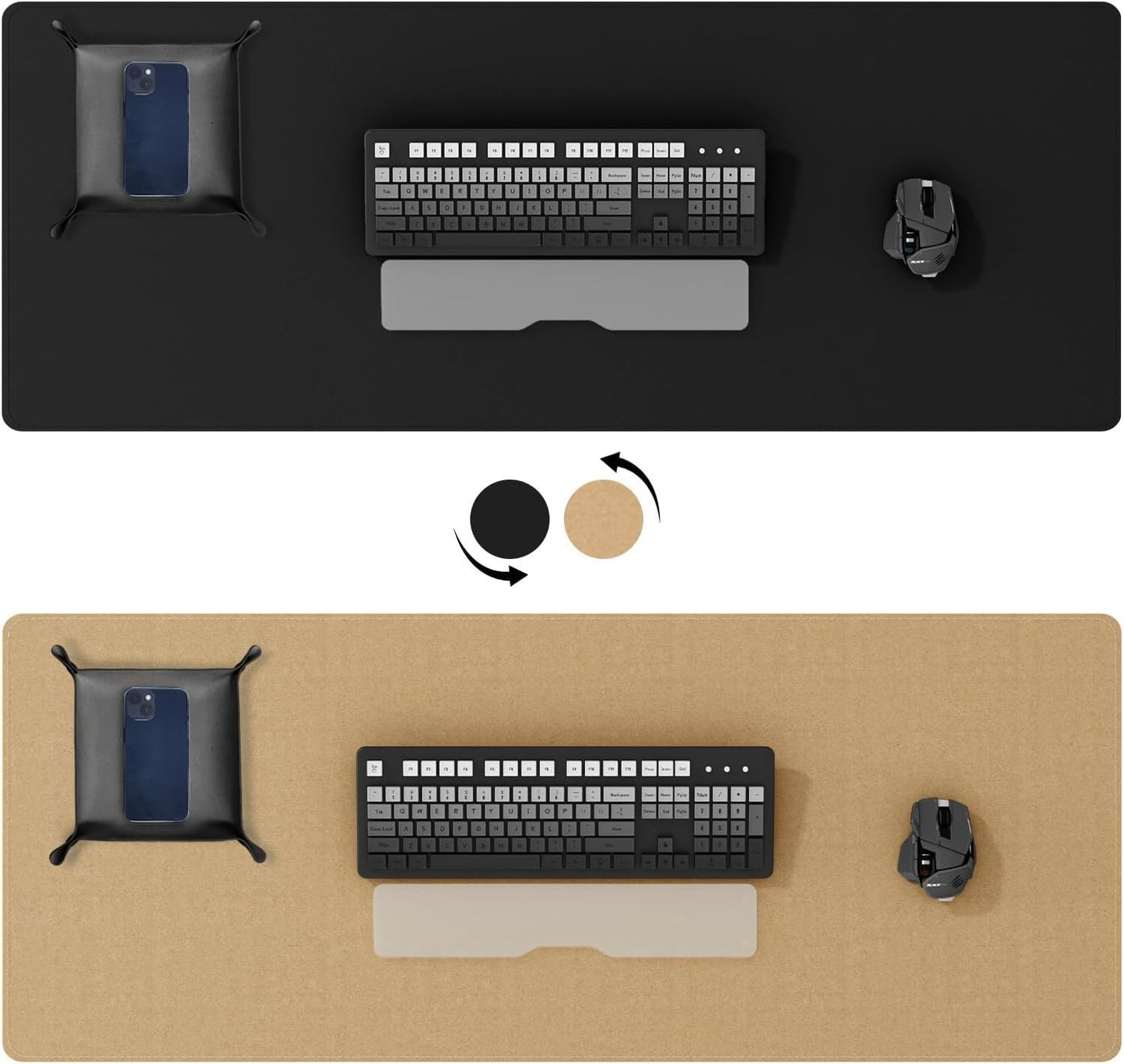 DAWNTREES Dual Sided Desk Mat,40"x16",PU Leather & Cork Desk Pad Protector,Large Mouse Pad and Keyboard Mat,Desk Writing Pad for Office and Home,with Valet Tray Organizer