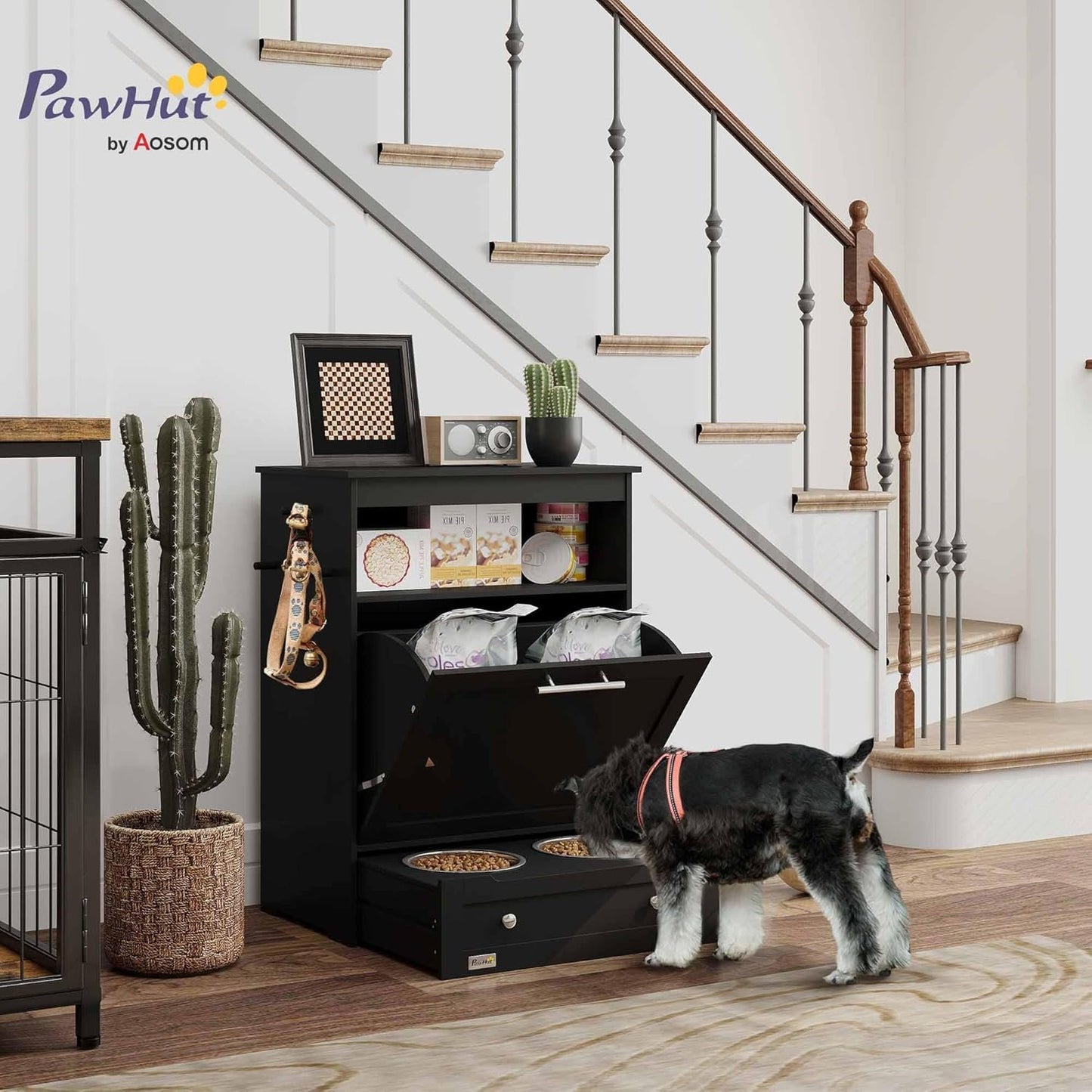 PawHut Cat Dog Feeding Station, Dog Food Storage Cabinet, Pet Feeder Container with Raised Bowls and Hanger for Feeding & Watering Supplies, Black