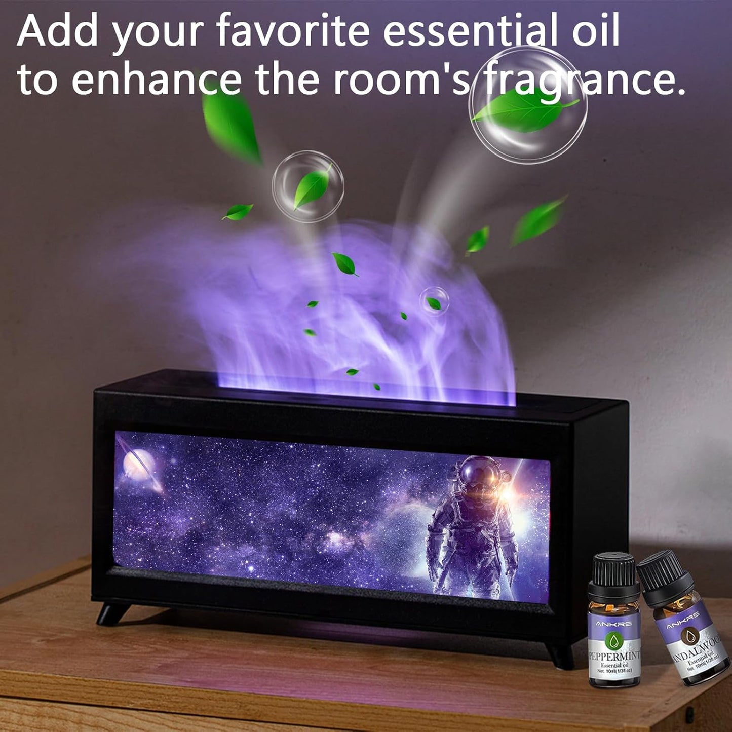 Ankrs Aroma Diffuser with LED Fireplace, Essential Oil Diffuser for Essential Oils with 7 Colors Flame Effect, 220ml Humidifier with Remote Control, Aroma Lamp for Kids,