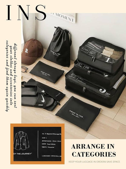Lammcou Set of 8 Travel Cube System, Travel Organizer Packing Cubes, Clothing Underwear Footwear Organizers Sacks Storage Case (Black)